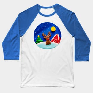 Cute Reindeer and Christmas Tree Snowy Winter Night Baseball T-Shirt